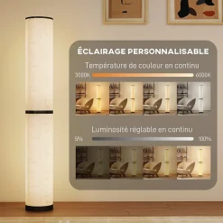 Lampadaire tube LED droit dimmable réglable 30W H.135cm avec télécommande acier lin beige