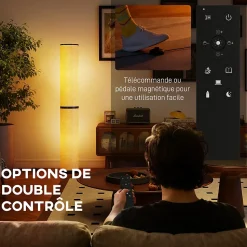 Lampadaire tube LED droit dimmable réglable 30W H.135cm avec télécommande acier lin beige