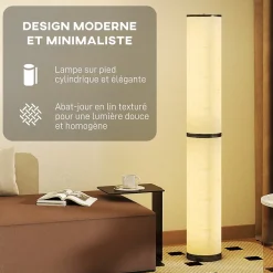 Lampadaire tube LED droit dimmable réglable 30W H.135cm avec télécommande acier lin beige