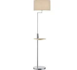 Lampadaire 1xE27, max. 60W, abat-jour tissu gris, tablette bois + USB/USB-C, nickel mat - Trio - Claas