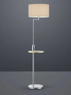 Lampadaire 1xE27, max. 60W, abat-jour tissu gris, tablette bois + USB/USB-C, nickel mat - Trio - Claas