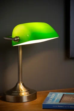Lampe à poser Banker pied en métal effet bronze, abat-jour en verre vert IP20 E14 H.30cm Lucide