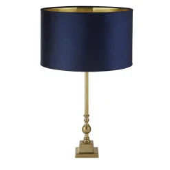 Lampe à poser Base Pied laiton antique Abatjour velours bleu marine interieur doré E27 max 60w Haut 67cm Diam 40cm WHITBY