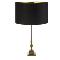 Lampe à poser Base Pied laiton antique Abatjour velours Noir interieur doré E27 max 60w Haut 67cm Diam 40cm WHITBY