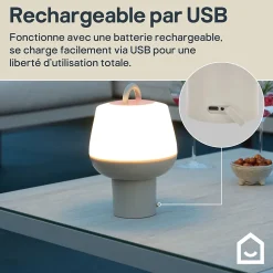 Lampe à poser LED extérieur beige mat rechargeable 2,5 W 250lm IP54 USB batterie intégrée, GoodHome Kisatchie