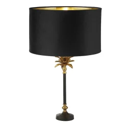 Lampe à poser metal noir et laiton antique et abatjour velour Noir, Doré Interieur E27 max 60w Haut 65cm Diam 40cm PALM 1LT