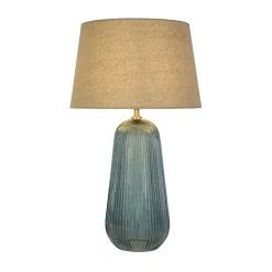 Lampe à poser Verre recyclé Bleu strié, laiton satine, abat jour Lin naturel E27 60w max Haut 54cm Diam 32cm CAMEO
