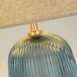 Lampe à poser Verre recyclé Bleu strié, laiton satine, abat jour Lin naturel E27 60w max Haut 54cm Diam 32cm CAMEO