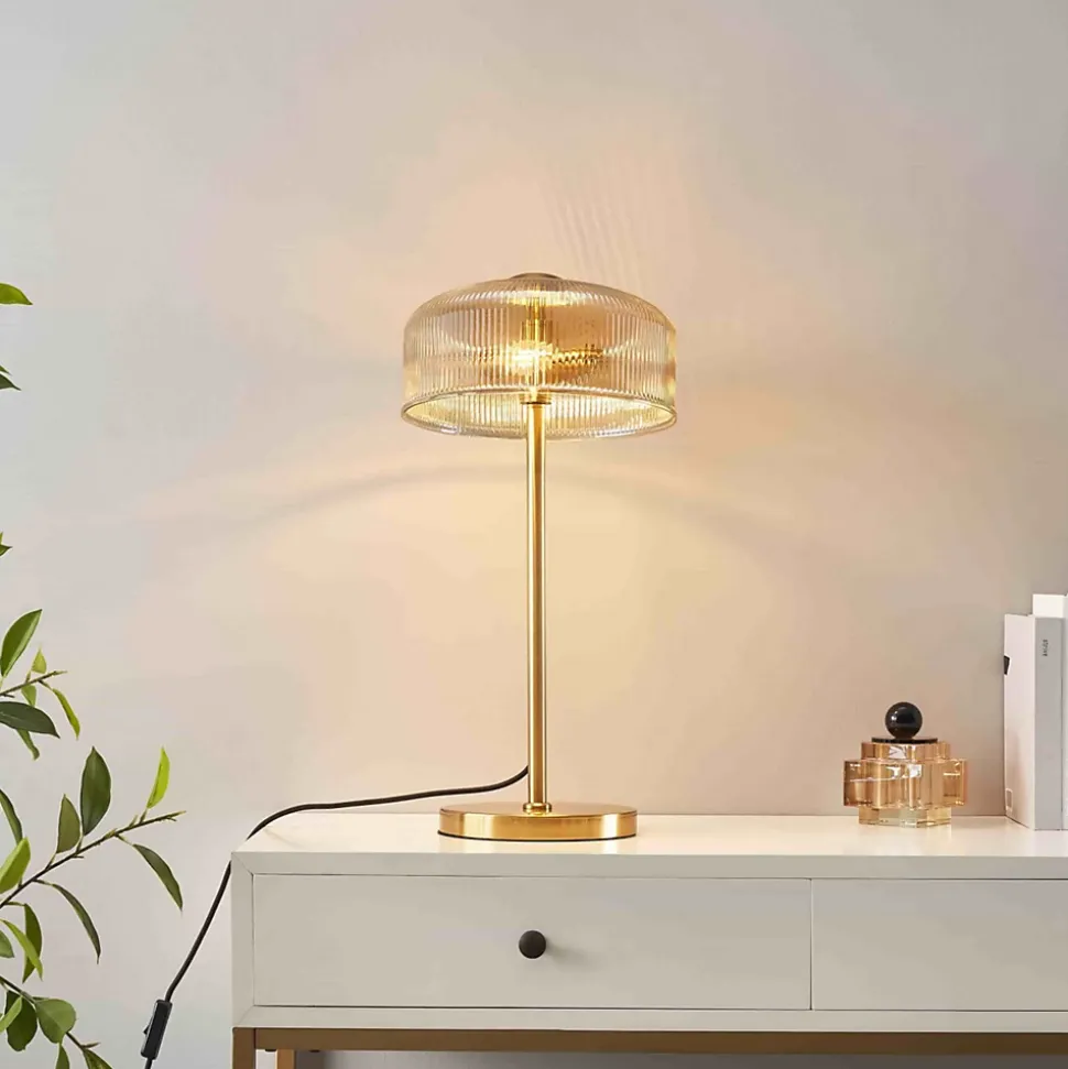 Lampe à poser vintage laiton et verre ambré strié - Auréline