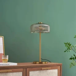 Lampe à poser vintage laiton et verre ambré strié - Auréline