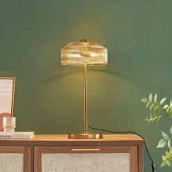 Lampe à poser vintage laiton et verre ambré strié - Auréline