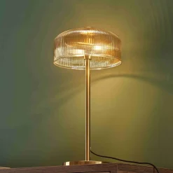 Lampe à poser vintage laiton et verre ambré strié - Auréline