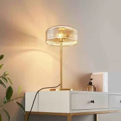 Lampe à poser vintage laiton et verre ambré strié - Auréline