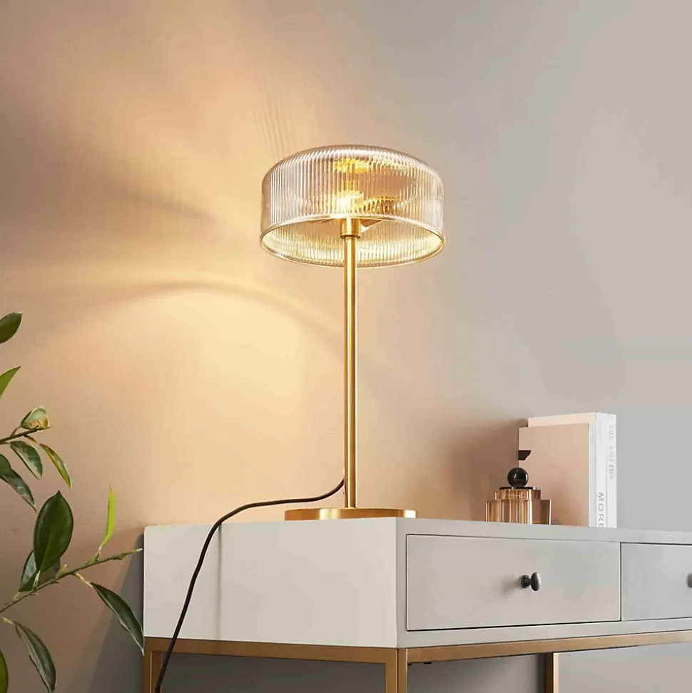 Lampe à poser vintage laiton et verre ambré strié - Auréline