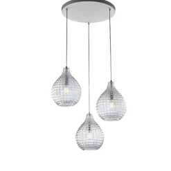 Lampe à suspension Diamante en fer blanc et structure chromée avec câbles réglables et diffuseurs en verre soufflé transparent