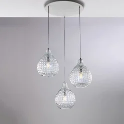 Lampe à suspension Diamante en fer blanc et structure chromée avec câbles réglables et diffuseurs en verre soufflé transparent