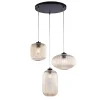 Lampe à suspension Glamour en fer laqué noir avec câbles électriques réglables et diffuseurs en verre soufflé ambré