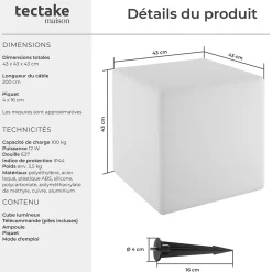 Lampe cube avec éclairage LED 12 W avec télécommande et ampoule