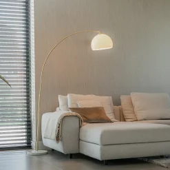 Lampe d'arc moderne en laiton avec abat-jour blanc - Arc Basic