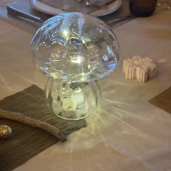 Lampe décorative champi verre strié transparent LED à piles