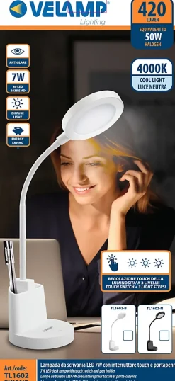 Lampe de bureau LED 7W avec interrupteur tactile et porte-stylo. Blanc