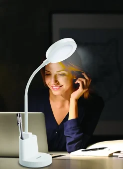 Lampe de bureau LED 7W avec interrupteur tactile et porte-stylo. Blanc