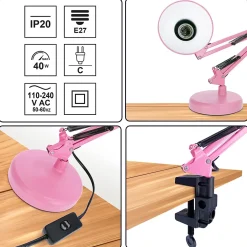 Lampe de bureau PIXI Pink douille E27 rose set avec base et pince avec Bras Pivotant Réglable EDO777366 EDO