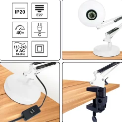 Lampe de bureau PIXI White douille E27 blanche set avec base et pince avec Bras Pivotant Réglable EDO777536 EDO