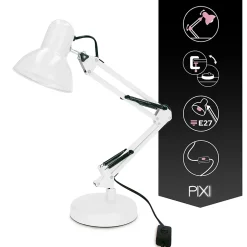 Lampe de bureau PIXI White douille E27 blanche set avec base et pince avec Bras Pivotant Réglable EDO777536 EDO