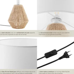 Lampe de chevet au style bohème 60W avec grand abat-jour en tissu