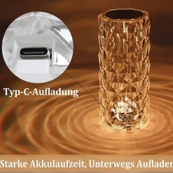 Lampe de chevet LED NETTLIFE sans fil - Lampe de table à intensité variable en cristal Lampe tactile rechargeable Télécommande