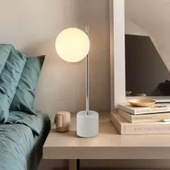 Lampe de Table Asa avec Base en Marbre Boule en Cristal Opale et Métal Chromé Design Minimaliste et Nordique E27