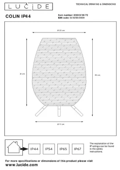 Lampe de table COLIN IP44 en synthétique avec LED intégré - Naturel - Lucide