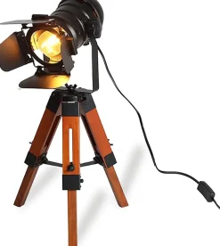 Lampe de table de style industriel avec trépied en bois, écran en métal réglable et design cinéma E27