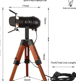 Lampe de table de style industriel avec trépied en bois, écran en métal réglable et design cinéma E27