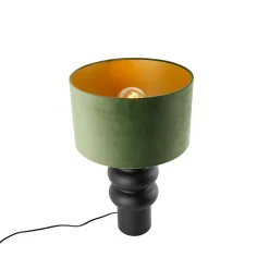 Lampe de table design abat-jour en velours noir vert avec or 35 cm - Alisia