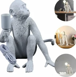 Lampe de Table Design Singe en Résine, Fini Doré, Style Industriel, Ampoule E27 à Filament, Idéale pour une Décoration M