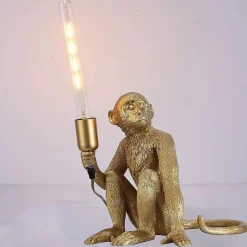 Lampe de Table Design Singe en Résine, Fini Doré, Style Industriel, Ampoule E27 à Filament, Idéale pour une Décoration M