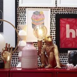 Lampe de Table Design Singe en Résine, Fini Doré, Style Industriel, Ampoule E27 à Filament, Idéale pour une Décoration M