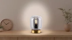 Lampe de table en verre 'ALESSIO', hauteur 17 cm, D: 12 cm, métal doré, verre fumé, E14