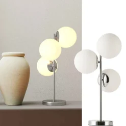 Lampe de Table KAVALA avec Trois Boules de Cristal Blanc 15cm, Structure en Métal Chromé, 3E27 Design Élégant et Fonct