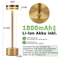 Lampe de table led nettlife sans fil, à piles, à intensité variable, rechargeable par usb-c, tactile, dorée, (dorée, lot de 2)