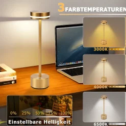 Lampe de table led nettlife sans fil, à piles, à intensité variable, rechargeable par usb-c, tactile, dorée, (dorée, lot de 2)