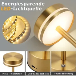 Lampe de table led nettlife sans fil, à piles, à intensité variable, rechargeable par usb-c, tactile, dorée, (dorée, lot de 2)
