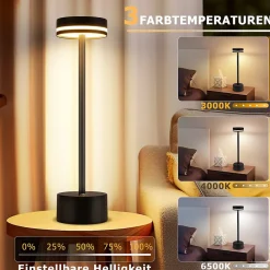 Lampe de table led nettlife à piles, sans fil, à intensité variable, rechargeable par usb-c, tactile, dorée, (noir, lot de 2)