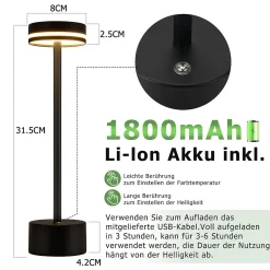 Lampe de table led nettlife à piles, sans fil, à intensité variable, rechargeable par usb-c, tactile, dorée, (noir, lot de 2)