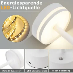 Lampe de table led nettlife à piles, sans fil, à intensité variable, rechargeable par usb-c, tactile (blanc, lot de 2)