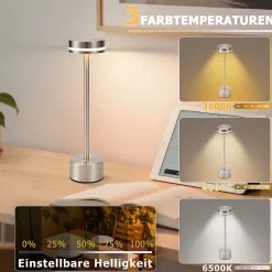 Lampe de table led sans fil nettlife, à piles, à intensité variable, rechargeable par usb-c, tactile, dorée (argent, lot de 2)