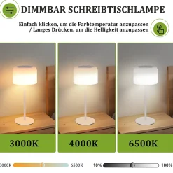 Lampe de table LED sans fil NETTLIFE. Intensité variable de 3000K à 6500K, rechargeable par USB-C. À piles, hauteur réglable.