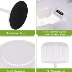 Lampe de table LED sans fil NETTLIFE. Intensité variable de 3000K à 6500K, rechargeable par USB-C. À piles, hauteur réglable.